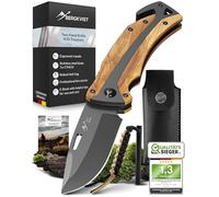 BERGKVIST® K30 Titanium Cuchillo Plegable (navaja de dos manos) - Navaja de bolsillo 3 en 1 con rompecristales y cortacinturones para exteriores y supervivencia - Mango de madera de olivo