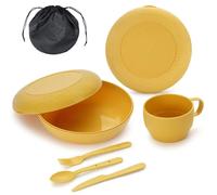 Berglander Cubiertos para Camping, tazón, Plato, Taza, Cuchara, Tenedor, Cuchillo y Bolsa de Transporte para Acampar de Campamento Equipo de Plástico para Viajes, fácil de Transportar Limpiar