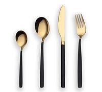 Berglander Juego de cubiertos de acero inoxidable de titanio de 24 piezas, mango negro con boca dorada, juego de cubiertos para 6 (negro brillante)
