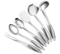 Berglander Juego de utensilios de cocina de acero inoxidable 6 piezas, Juego de utensilios de cocina para cocinar, espumadera, cucharón, cuchara para servir, cuchara ranurada, tenedor para trinchar