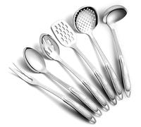 Berglander Juego de utensilios de cocina de acero inoxidable 6 piezas, Juego de utensilios de cocina para cocinar, espumadera, cucharón, cuchara para servir, cuchara ranurada, tenedor para trinchar