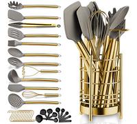 Berglander Juego de utensilios de cocina dorados de silicona antiadherente de 38 piezas, juego de cucharas y espátulas con resistente soporte para utensilios de acero inoxidable