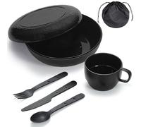 Berglander vajilla camping, tazón, Plato, Taza, Cuchara, Tenedor, Cuchillo y Bolsa de Transporte, cubiertos para acampar de Campamento Equipo de Plástico para Viajes, fácil de Transportar Limpiar