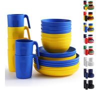 Berglander vajilla de plástico 24 piezas para 6, juegos de platos y tazones reutilizables de color UKR incluye platos de cena, plato de postre, tazones de cereales, tazas para el hogar, jardín, picnic