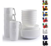 Berglander vajilla de plástico blanco Servicio de 24 piezas para 6, juegos de platos y tazones reutilizables incluye platos de cena, plato de postre, tazones de cereales, tazas para el hogar, jardín