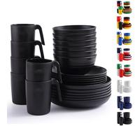 Berglander vajilla de plástico negro 24 piezas para 6, juegos de platos y tazones reutilizables incluye platos de cena, plato de postre, tazones de cereales, tazas para el hogar, jardín, picnic