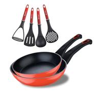 Bergner Classique | Juego de 2 Sartenes de 20 y 24 cm + Set de Utensilios | Fabricadas de Aluminio Forjado | Sartenes Antiadherentes y Utensilios Resistentes | Apta para todo tipo de Cocinas | Rojo