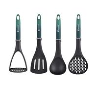 BERGNER Classique | Set de 4 Utensilios de Cocina con Espátula, Espumadera, Cucharón y Prensador de Patata | Con Mango de Color Verde | Utensilios Resistentes | Con Agujero para Colgar