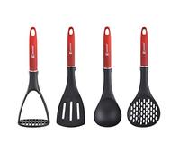 BERGNER Classique | Set de 4 Utensilios de Cocina con Espátula, Espumadera, Cucharón y Prensador de Patata | Con Mango de Color Rojo | Utensilios Resistentes | Con Agujero para Colgar