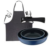 Bergner Click&Cook Juego de 2 Sartenes Ø22Ø26cm Aluminio fundido Azul con Mango desmontable+Delantal de Cocina Gris oscuro 100% Algodón 75x80cm