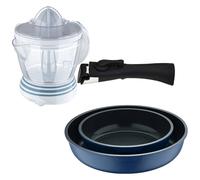 Bergner Click&Cook Juego de 2 Sartenes Ø22Ø26cm Aluminio fundido Azul con Mango desmontable+Exprimidor de 40W de Potencia - Capacidad de 1.2 Litros
