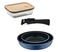 Bergner click&cook juego de 2 sartenes ø22ø26cm aluminio fundido azul con mango desmontable+hermético de 650ml en vidrio de borosilicato