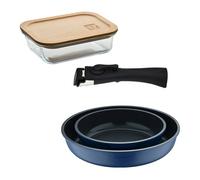 Bergner Click&Cook Juego de 2 Sartenes Ø22Ø26cm Aluminio fundido Azul con Mango desmontable+Hermético de 650ml en vidrio de borosilicato