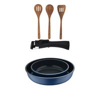 Bergner click&cook juego de 2 sartenes ø22ø26cm aluminio fundido azul con mango desmontable+set 3pc utensilios cocina madera acacia