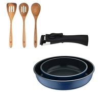 Bergner Click&Cook Juego de 2 Sartenes Ø22Ø26cm Aluminio fundido Azul con Mango desmontable+Set 3pcs utensilios de cocina acacia