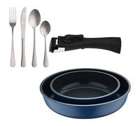 Bergner Click&Cook Juego de 2 Sartenes Ø22Ø26cm Aluminio fundido Azul con Mango desmontable+Set de 16 Cubiertos en Acero Inoxidable