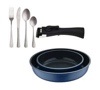 Bergner click&cook juego de 2 sartenes ø22ø26cm aluminio fundido azul con mango desmontable+set de 16 cubiertos en acero inoxidable