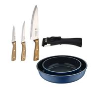 Bergner click&cook juego de 2 sartenes ø22ø26cm aluminio fundido azul con mango desmontable+set de 3 cuchillos de acero inoxidable para cocina 30 cm