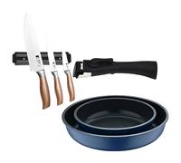 Bergner Click&Cook Juego de 2 Sartenes Ø22Ø26cm Aluminio fundido Azul con Mango desmontable+Set de 3 Cuchillos con Soporte magnético