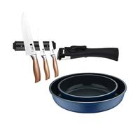 Bergner click&cook juego de 2 sartenes ø22ø26cm aluminio fundido azul con mango desmontable+set de 3 cuchillos con soporte magnético 8 cm