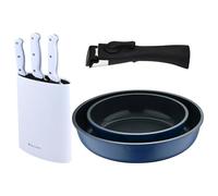 Bergner Click&Cook Juego de 2 Sartenes Ø22Ø26cm Aluminio fundido Azul con Mango desmontable+Set de 3 Cuchillos con Tacoma en Acero inoxidable