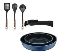 Bergner Click&Cook Juego de 2 Sartenes Ø22Ø26cm Aluminio fundido Azul con Mango desmontable+ Set de 3 Utensilios de cocina de PBT negro y cobre