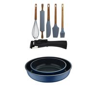 Bergner click&cook juego de 2 sartenes ø22ø26cm aluminio fundido azul con mango desmontable+set de 5 utensilios de cocina de silicona y madera
