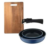 Bergner Click&Cook Juego de 2 Sartenes Ø22Ø26cm Aluminio fundido Azul con Mango desmontable+Tabla de cortar 40,3x25,2x2,5cm de madera de acacia