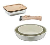 Bergner Click&Cook Juego de 2 Sartenes Ø22Ø26cm Aluminio fundido Blanco con Mango desmontable+Hermético de 650ml en vidrio de borosilicato