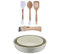 Bergner Click&Cook Juego de 2 Sartenes Ø22Ø26cm Aluminio fundido Blanco con Mango desmontable+Juego de 3 Utensilios de cocina en silicona y madera