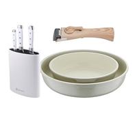 Bergner Click&Cook Juego de 2 Sartenes Ø22Ø26cm Aluminio fundido Blanco con Mango desmontable+Juego de 3 Cuchillos de acero inoxidable con Tacoma