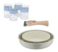 Bergner Click&Cook Juego de 2 Sartenes Ø22Ø26cm Aluminio fundido Blanco con Mango desmontable+Juego de 4 Vasos de 0,5L