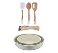 Bergner Click&Cook Juego de 2 Sartenes Ø22Ø26cm Aluminio fundido Blanco con Mango desmontable+Juego de 3 Utensilios de cocina en silicona y madera