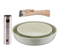 Bergner Click&Cook Juego de 2 Sartenes Ø22Ø26cm Aluminio fundido Blanco con Mango desmontable+Pulverizador de Aceite y vinagre en acero inoxidable