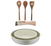 Bergner Click&Cook Juego de 2 Sartenes Ø22Ø26cm Aluminio fundido Blanco con Mango desmontable+Set 3pc utensilios cocina madera acacia