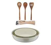 Bergner click&cook juego de 2 sartenes ø22ø26cm aluminio fundido blanco con mango desmontable+set 3pc utensilios cocina madera acacia
