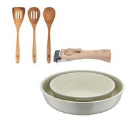 Bergner click&cook juego de 2 sartenes ø22ø26cm aluminio fundido blanco con mango desmontable+set 3pcs utensilios de cocina acacia