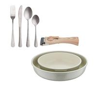 Bergner click&cook juego de 2 sartenes ø22ø26cm aluminio fundido blanco con mango desmontable+set de 16 cubiertos en acero inoxidable