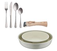 Bergner Click&Cook Juego de 2 Sartenes Ø22Ø26cm Aluminio fundido Blanco con Mango desmontable+Set de 16 Cubiertos en Acero Inoxidable