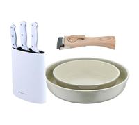 Bergner Click&Cook Juego de 2 Sartenes Ø22Ø26cm Aluminio fundido Blanco con Mango desmontable+Set de 3 Cuchillos con Tacoma en Acero inoxidable