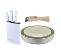 Bergner click&cook juego de 2 sartenes ø22ø26cm aluminio fundido blanco con mango desmontable+set de 3 cuchillos con tacoma en acero inoxidable