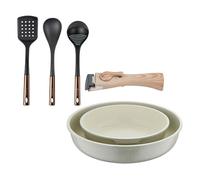 Bergner click&cook juego de 2 sartenes ø22ø26cm aluminio fundido blanco con mango desmontable+ set de 3 utensilios de cocina de pbt negro y cobre