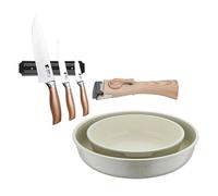 Bergner click&cook juego de 2 sartenes ø22ø26cm aluminio fundido blanco con mango desmontable+set de 3 cuchillos con soporte magnético