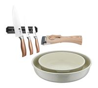 Bergner Click&Cook Juego de 2 Sartenes Ø22Ø26cm Aluminio fundido Blanco con Mango desmontable+Set de 3 Cuchillos con Soporte magnético