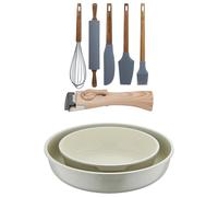 Bergner Click&Cook Juego de 2 Sartenes Ø22Ø26cm Aluminio fundido Blanco con Mango desmontable+Set de 5 Utensilios de Cocina de Silicona y Madera