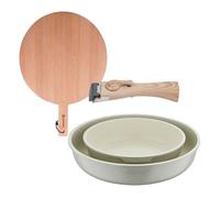 Bergner click&cook juego de 2 sartenes ø22ø26cm aluminio fundido blanco con mango desmontable+tabla de corte redonda de 38x28x1,5cm en madera de haya