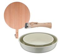 Bergner Click&Cook Juego de 2 Sartenes Ø22Ø26cm Aluminio fundido Blanco con Mango desmontable+Tabla de corte Redonda de 38x28x1,5cm en madera de haya