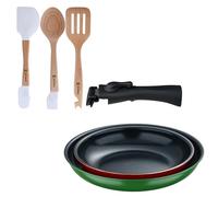 Bergner Click&Cook Juego de 2 Sartenes Ø22Ø26cm Aluminio prensado con Mango desmontable+Juego de 3 Utensilios de cocina en silicona y madera