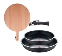 Bergner Click&Cook Juego de 2 Sartenes Ø22Ø26cm Aluminio prensado negro con Mango desmontable+Tabla de corte Redonda de 38x28x1,5cm en madera de haya