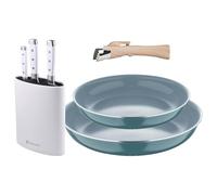 Bergner Click&Cook Juego de 2 Sartenes Ø22cm y Ø26cm con Mango extraíble en Aluminio prensado+Juego de 3 Cuchillos de acero inoxidable con Tacoma